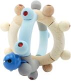 Babyspielzeug – liebevolle Motorikrassel Kugel mit Glocke in bunt und blau – BxHxT 8 x 8 x 8 cm