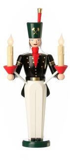 Lichterfigur – farbiger Bergmann mit schwarzer Uniform und zwei elektrischen Kerzen – BxHxT