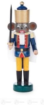 Nussknacker – majestätischer Mäusekönig mit Säbel und funkelnder Krone, blau-gelb – BxHxT = 5 x 14 x