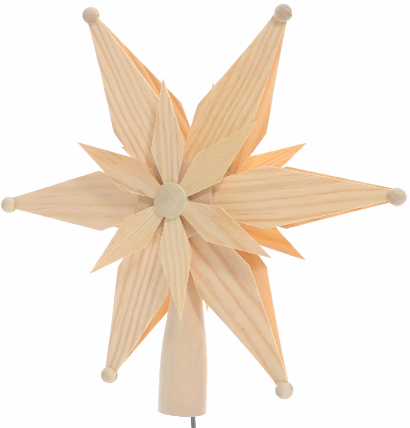 Baumschmuck - Filigrane, handgefertigte Baumspitze mit elektrischem Holzstern und kleinen Holzsternen – BxHxT ca. 25x25x7 cm - Seitliche Ansicht ...