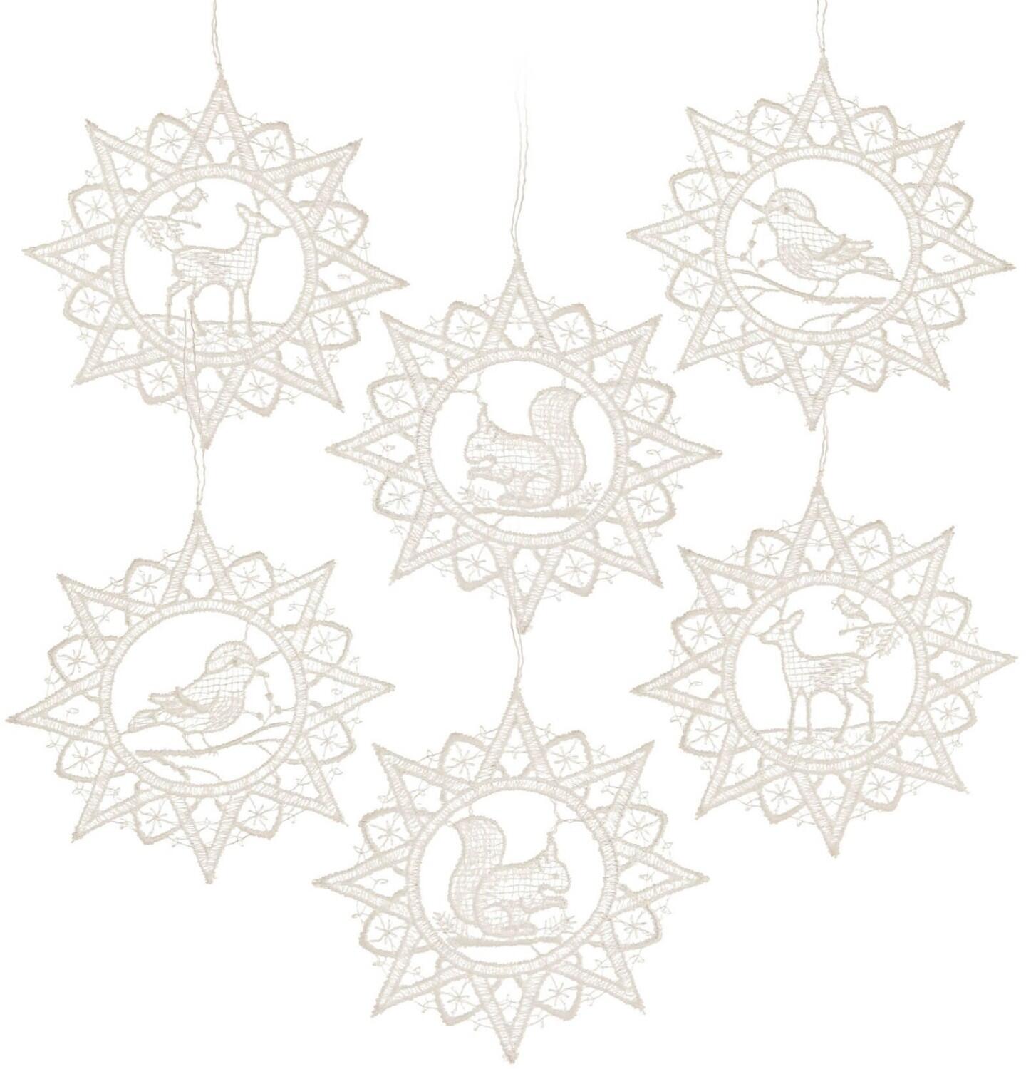Baumschmuck – filigranes 6er-Set mit Tiermotiven in sternförmigem Spitzendekor aus Plauener Spitze – BxHxT 8,5 x 9 x 0,1 cm