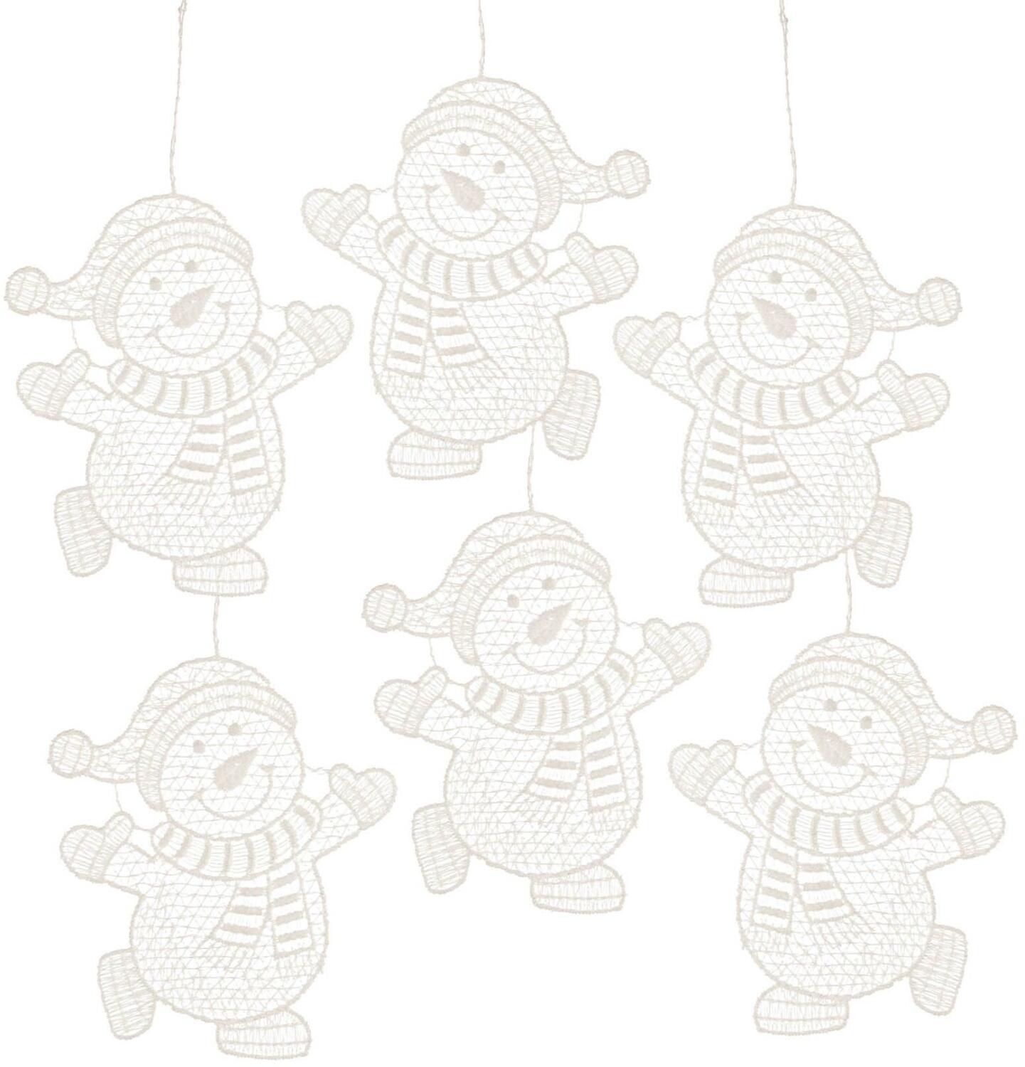 Baumschmuck – fröhliche Schneemänneranhänger mit Mütze und Schal aus Plauener Spitze – BxHxT 8 x 9 x 0,1 cm