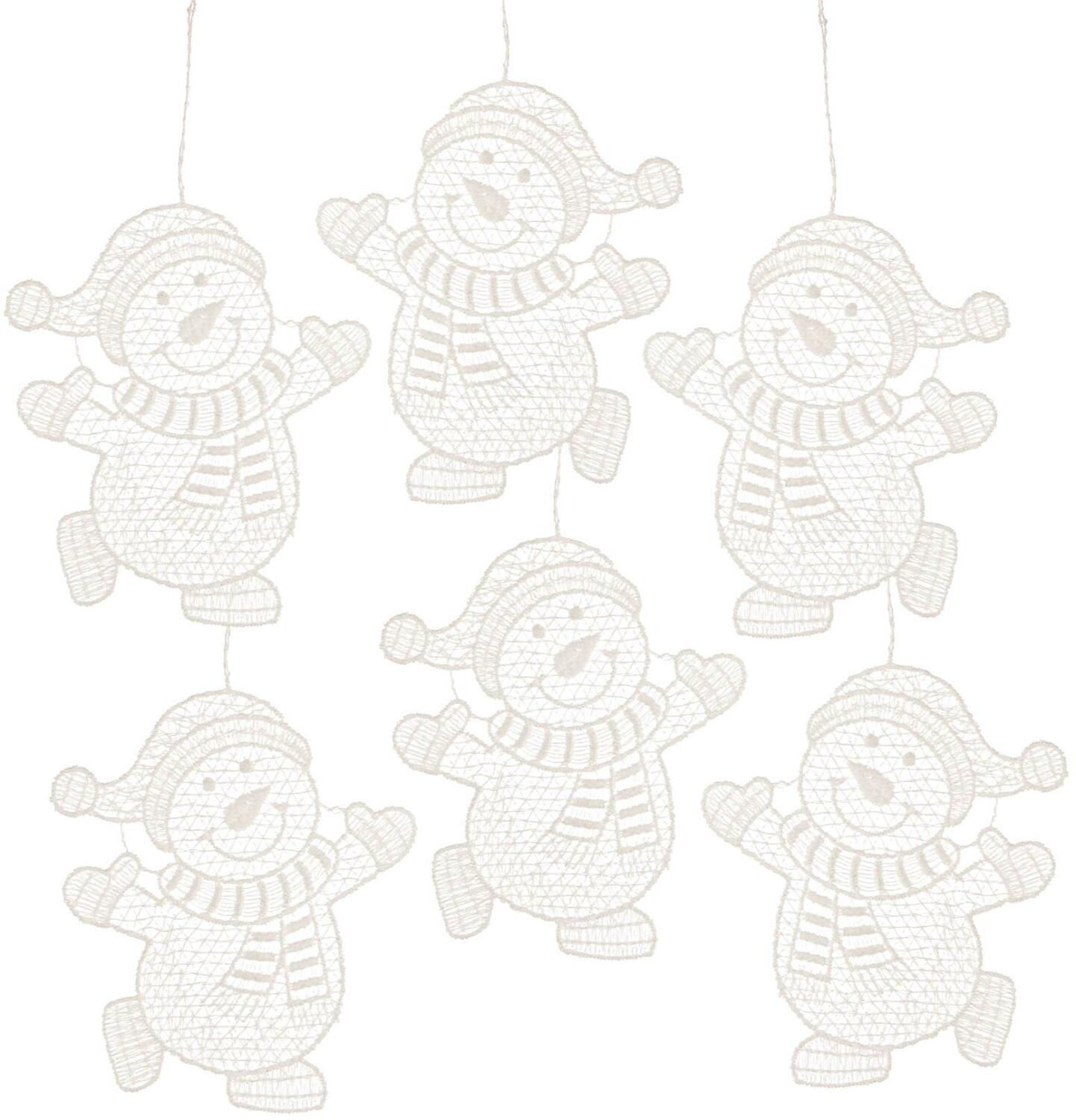 Baumschmuck &ndash; fr&ouml;hliche Schneem&auml;nneranh&auml;nger mit M&uuml;tze und Schal aus Plauener Spitze &ndash; BxHxT 8 x 9 x 0,1 cm