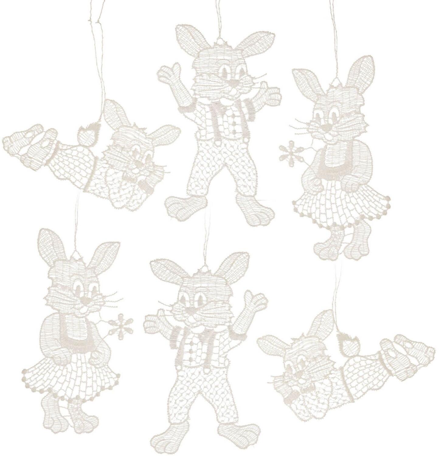 Baumschmuck – 6 Anhänger mit Hasenfiguren aus Plauener Spitze filigran gestaltet – BxHxT 9 x 11 x 0,1 cm