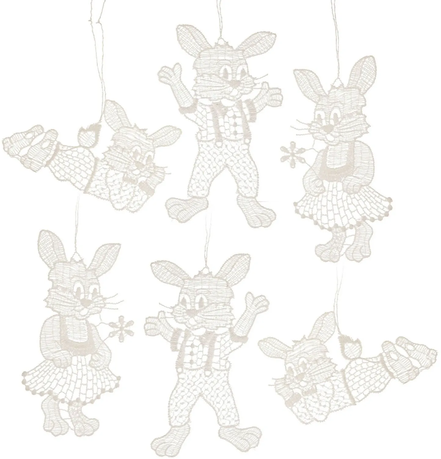 Baumschmuck 6 Anhänger mit Hasenfiguren aus Plauener Spitze filigran gestaltet von Großhandel