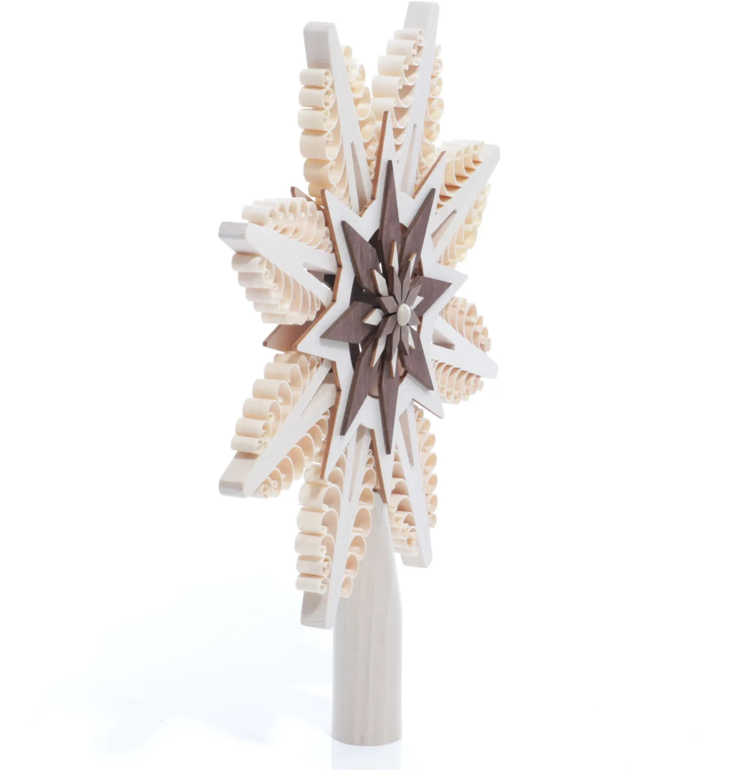 Christbaumschmuck - Christbaumspitze Braun mit 8 handgestochenen Spanbäumen, sternförmig – BxHxT ca. 18 x 22 x 2 cm - Seitliche Ansicht rechts der ...