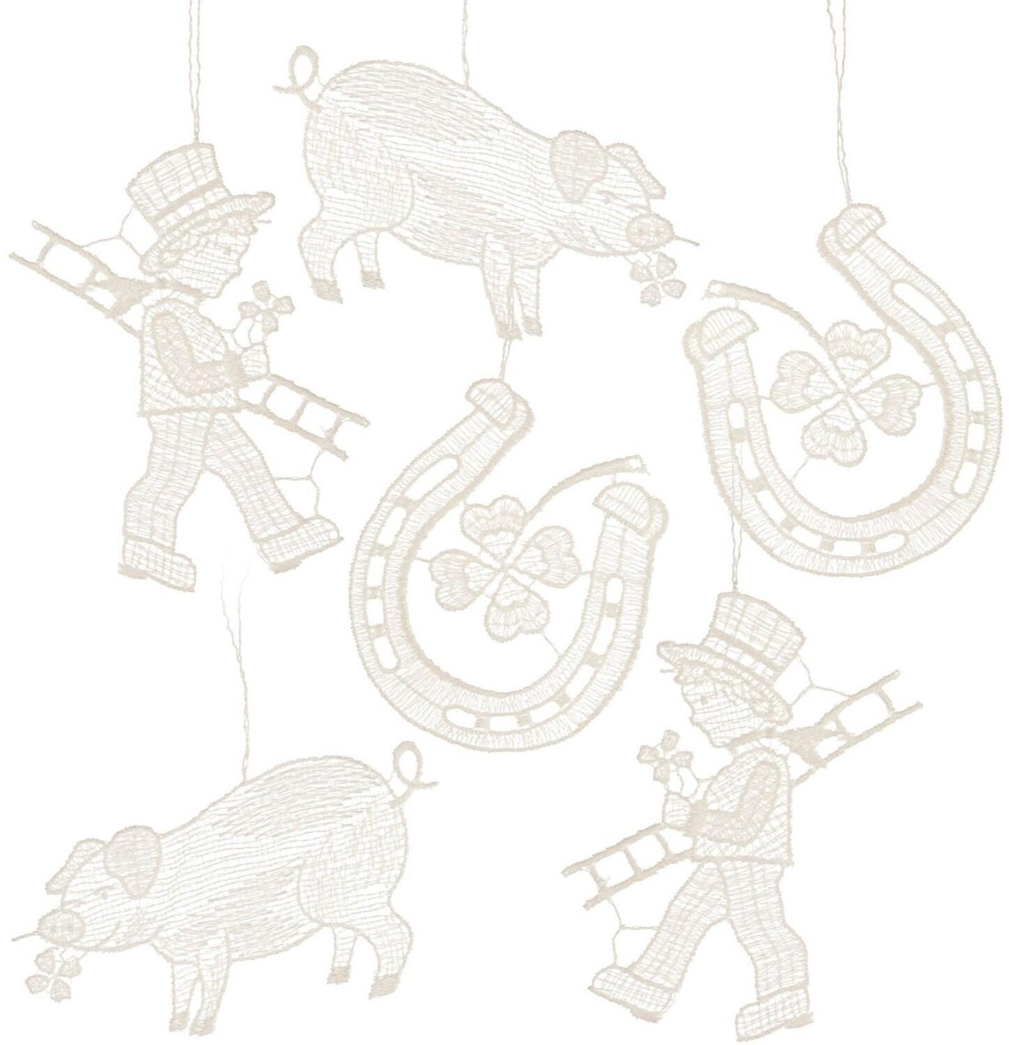Baumschmuck – filigrane Glücksanhänger mit Hufeisen Schwein und Schornsteinfeger aus Plauener Spitze – BxHxT 9 x 9,5 x 0,1 cm