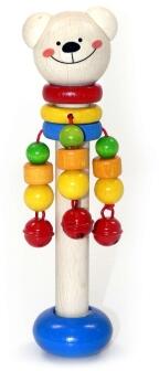 Holzspielzeug – fröhlicher Schellenstab mit buntem Bär und klaren Glockenklängen – BxHxT 6 x 19 x 6 
