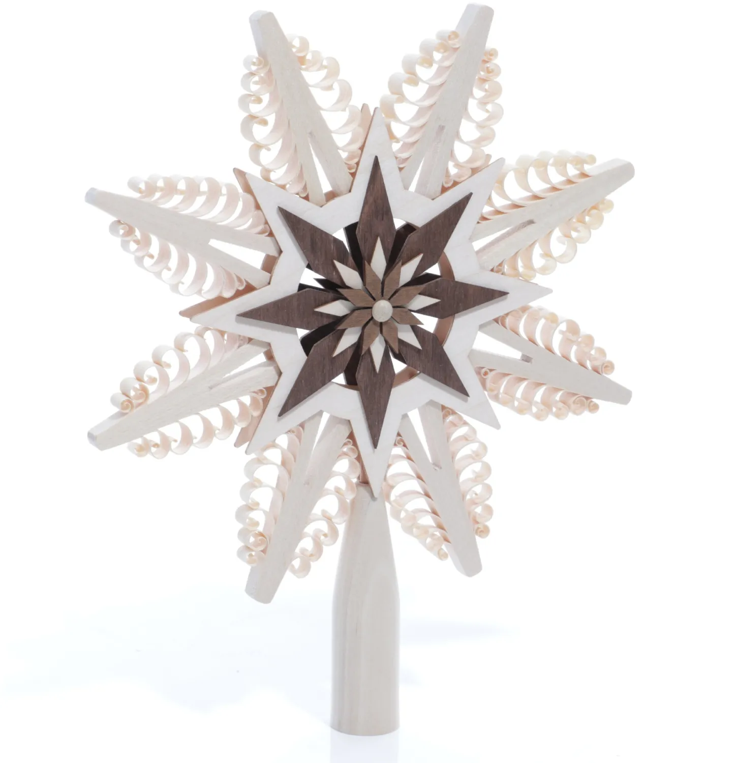 Christbaumschmuck Christbaumspitze Braun mit 8 handgestochenen Spanbäumen, sternförmig aus Holz von