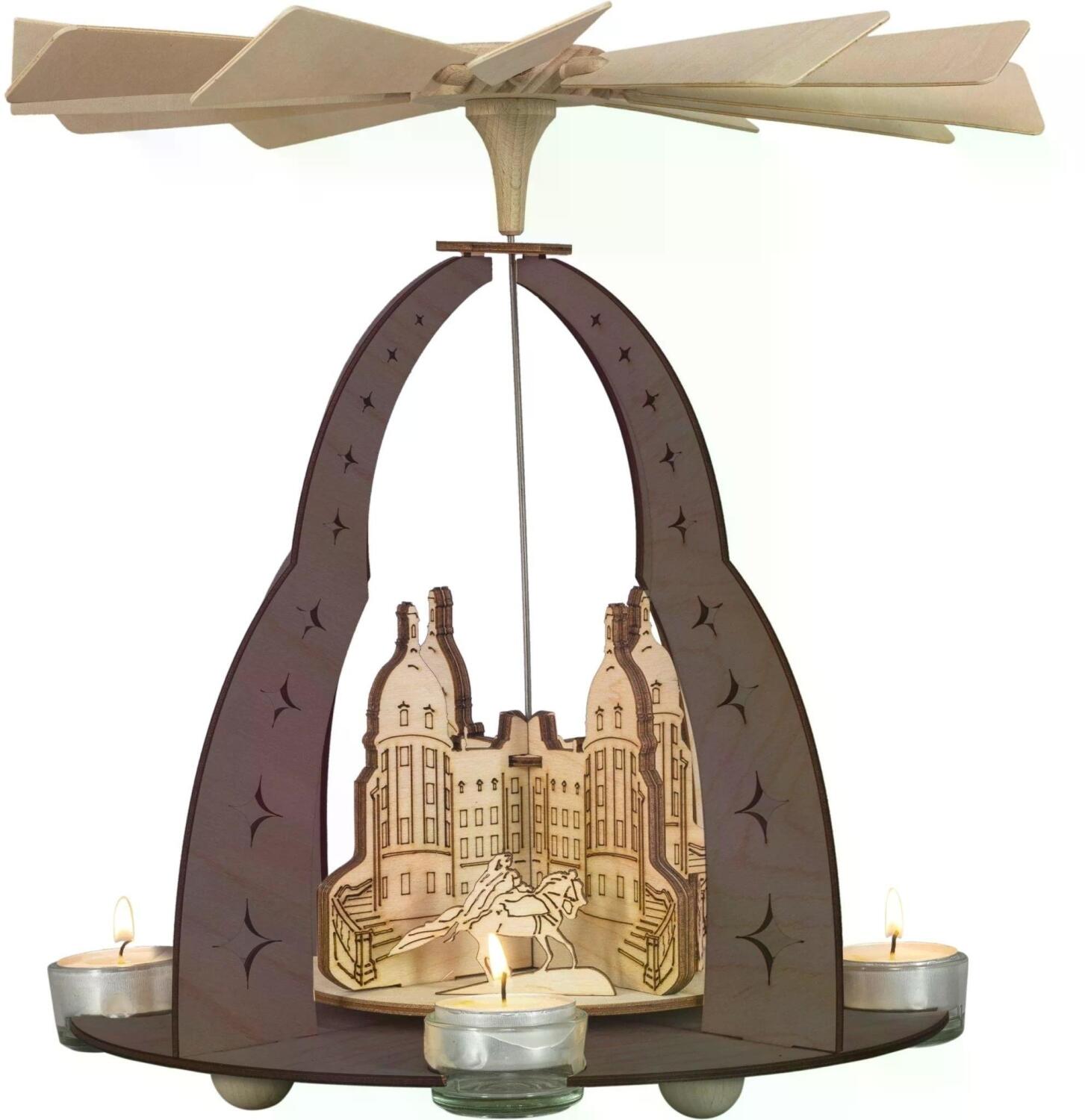 Weihnachtspyramide &ndash; Schloss Moritzburg mit Sternausschnitten &ndash; f&uuml;r 4 Teelichte &ndash; &oslash;xH 30 x 32,5 cm