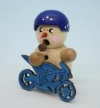 Räucherfigur Schneemann Biker blaues Motorrad natur Höhe 8cm