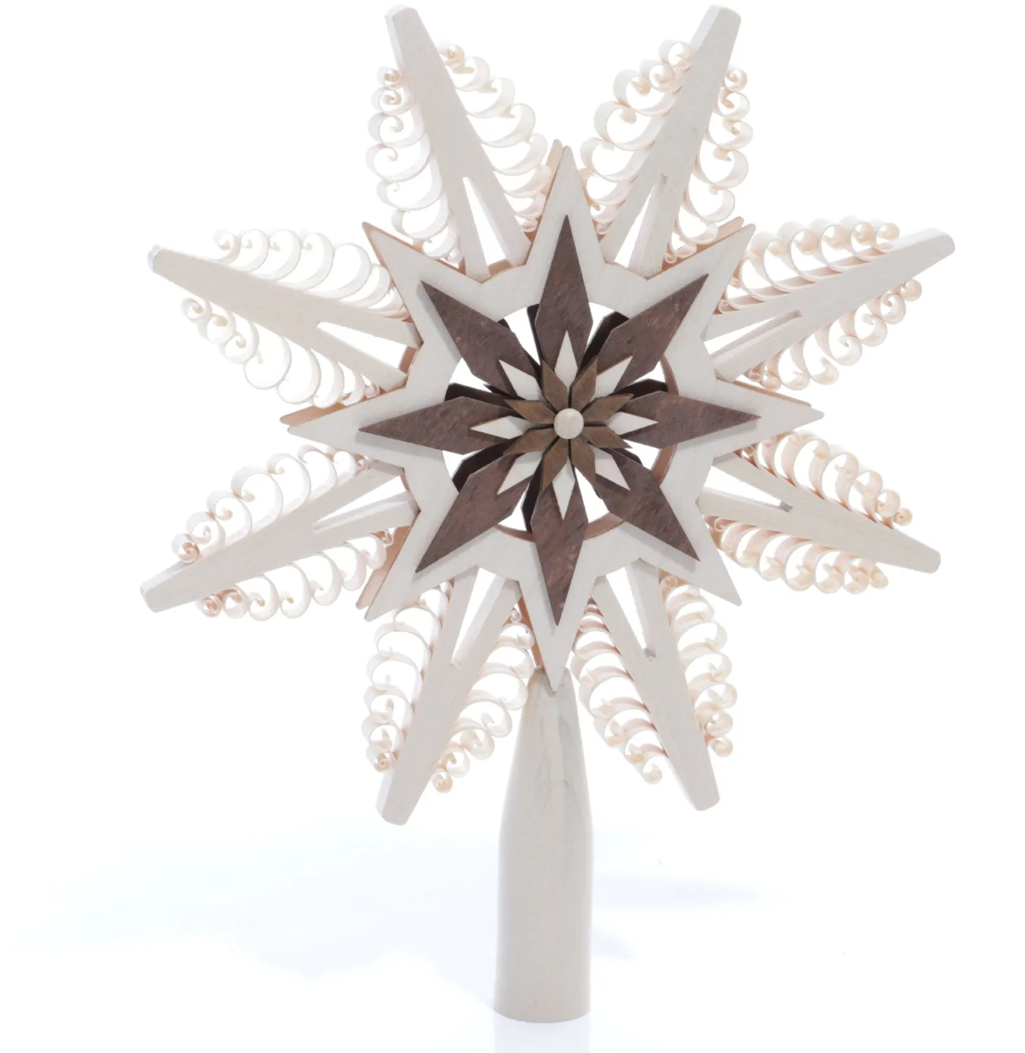 Christbaumschmuck Christbaumspitze Braun mit 8 handgestochenen Spanbäumen und Sternmotiv aus Holz