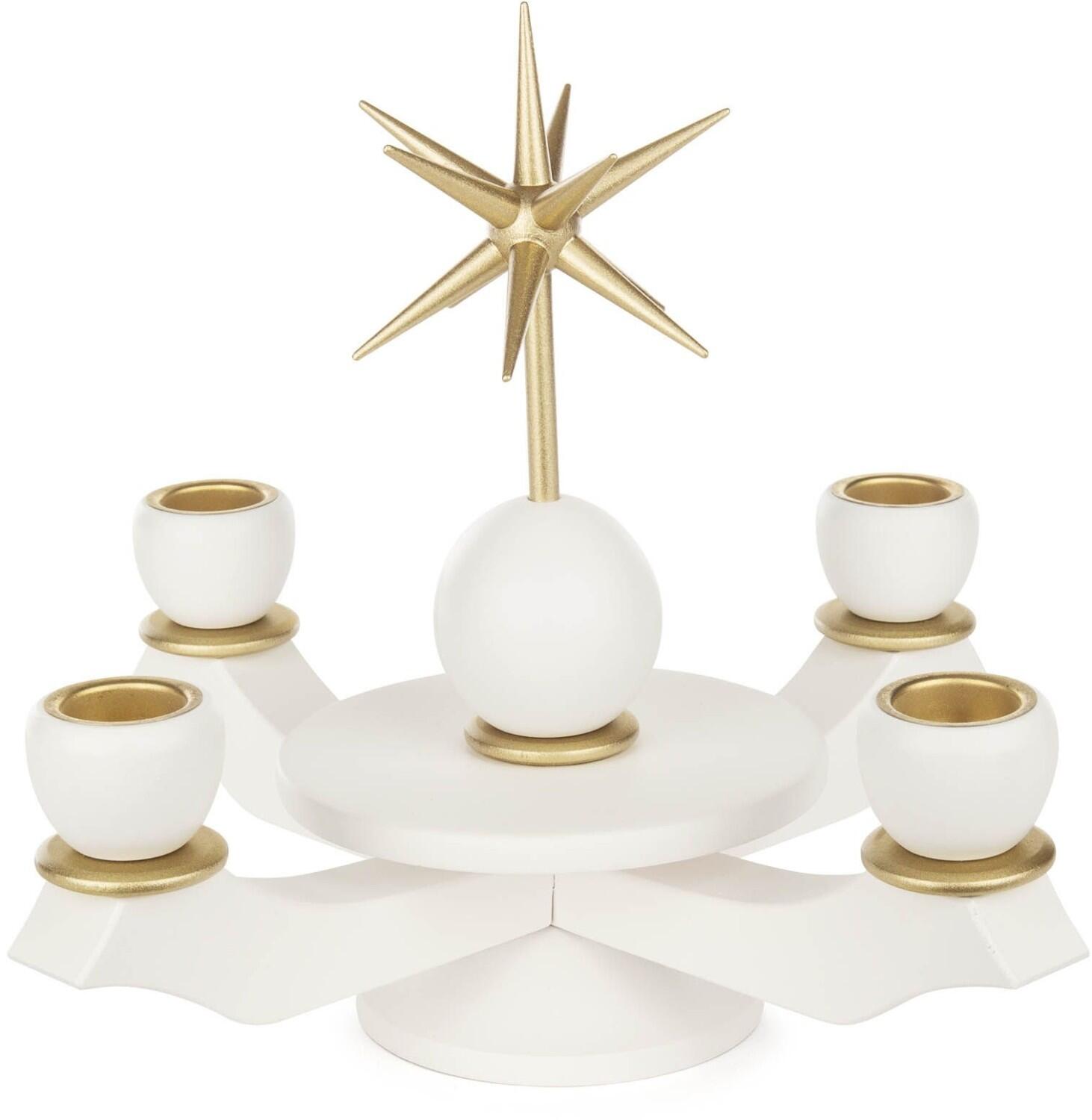 Adventsleuchter stilvoll weiß mit goldfarbenem Stern und 4 Kerzenhaltern aus Holz von Großhandel