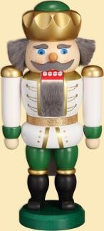 Nussknacker – majestätischer König mit goldener Krone und weiß-grüner Uniform aus Holz von Seiffener