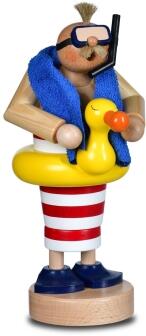 Räuchermann – humorvoller Schwimmer mit Schnorchelbrille und rot-weißer Badehose – BxHxT 12 x 25 x