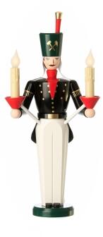 Lichterfigur farbiger Bergmann mit schwarzer Uniform und zwei elektrischen Kerzen aus Holz von