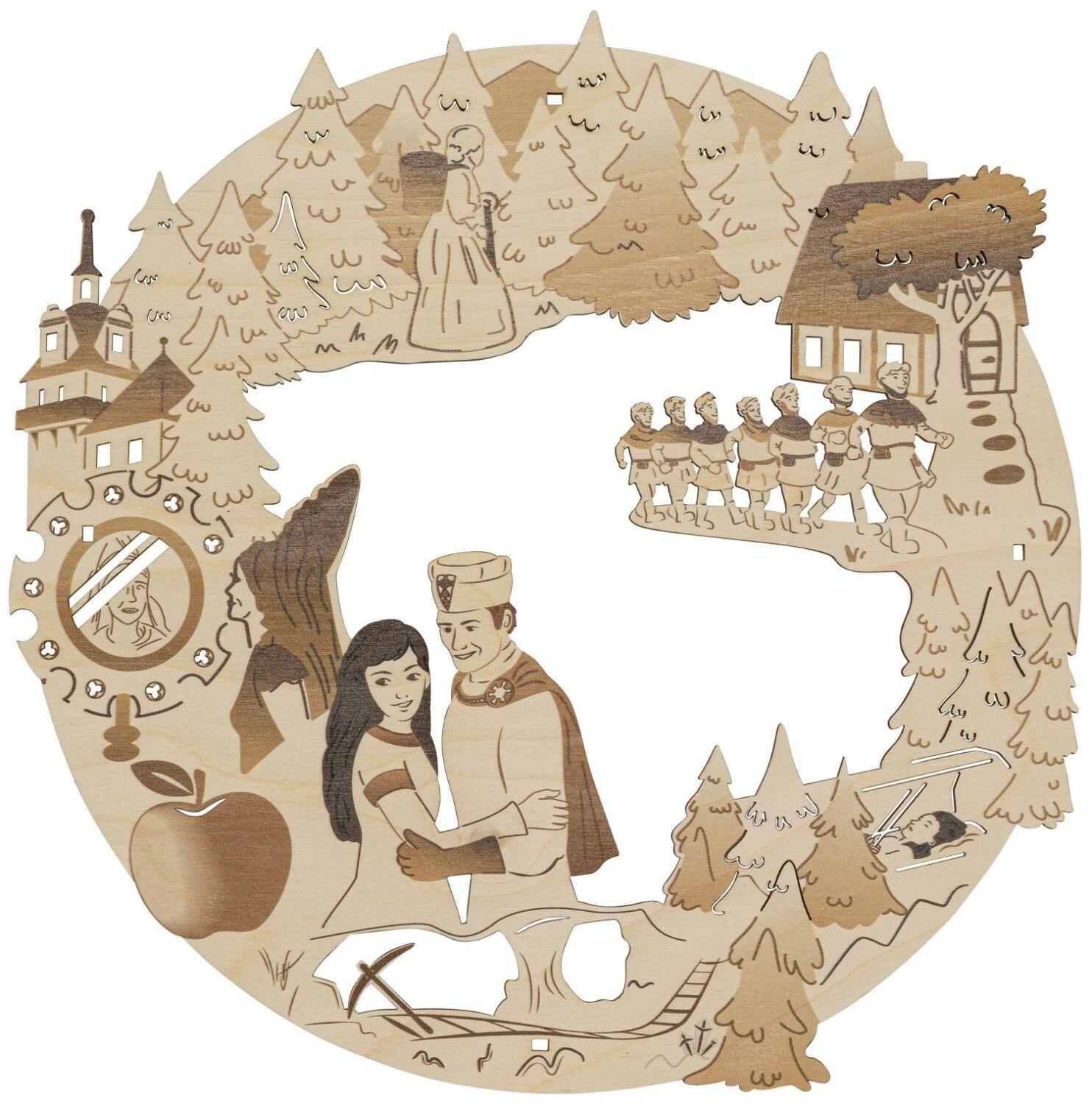 Fensterbild &ndash; detailreiches M&auml;rchenmotiv Schneewittchen mit Zwerge und Schloss naturbelassen &ndash; &oslash; 28 cm