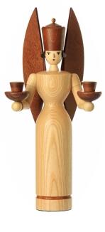 Lichterfigur naturbelassener Engel aus Holz mit braun lasierten Tüllen, Seiffener Volkskunst eG