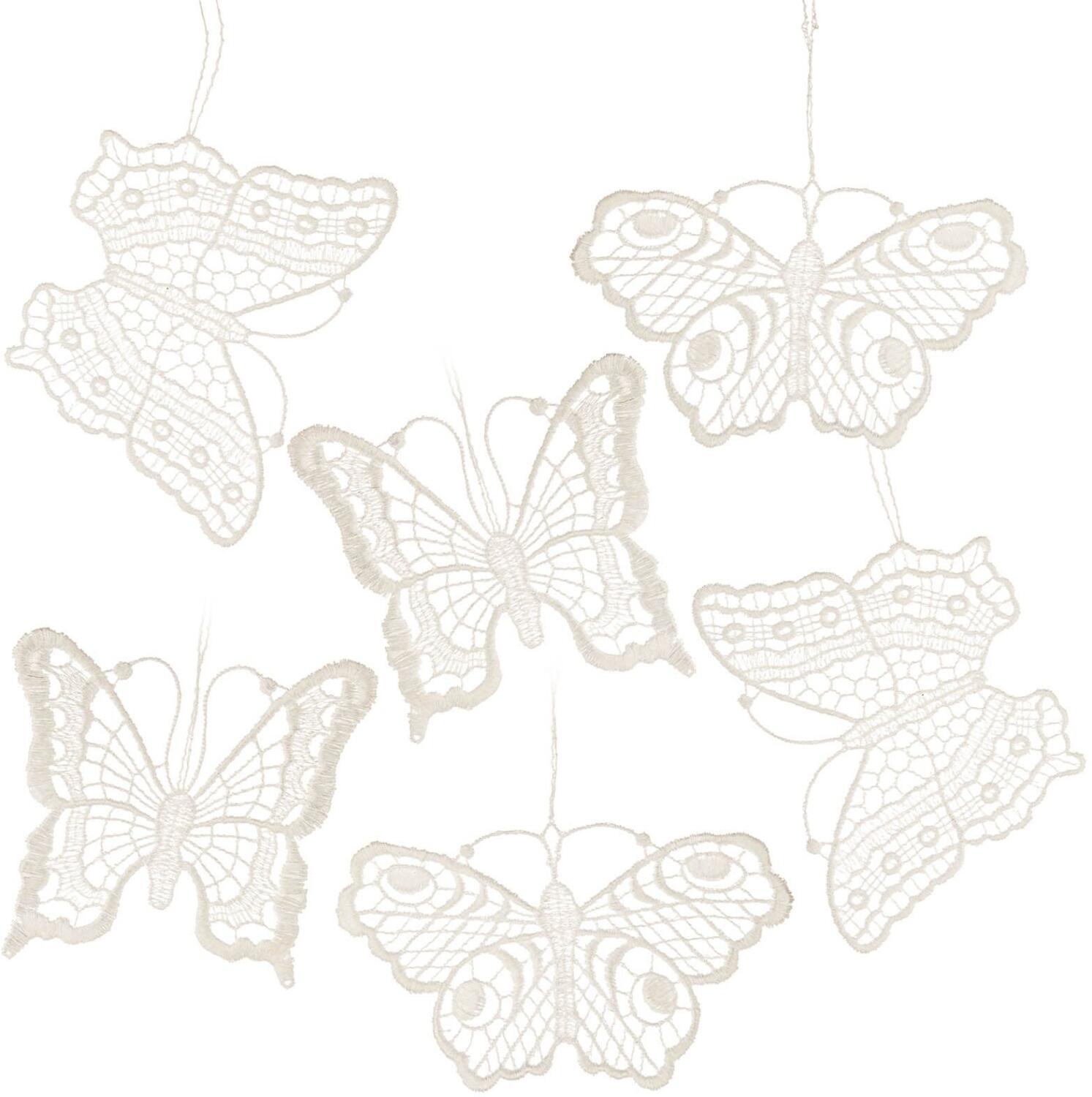 Baumschmuck &ndash; filigrane Schmetterlinge aus wei&szlig;er Plauener Spitze im 6er-Set &ndash; BxHxT 1 x 6,5 x 0,1 cm