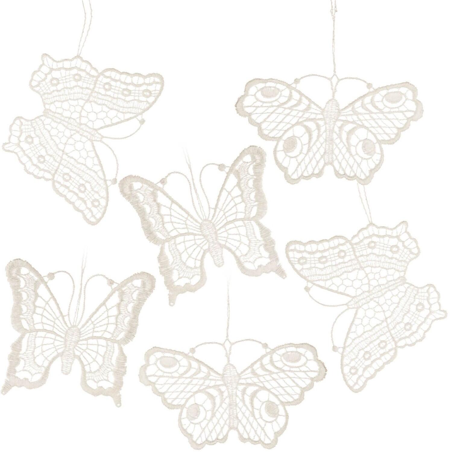 Baumschmuck – filigrane Schmetterlinge aus weißer Plauener Spitze im 6er-Set – BxHxT 1 x 6,5 x 0,1 cm