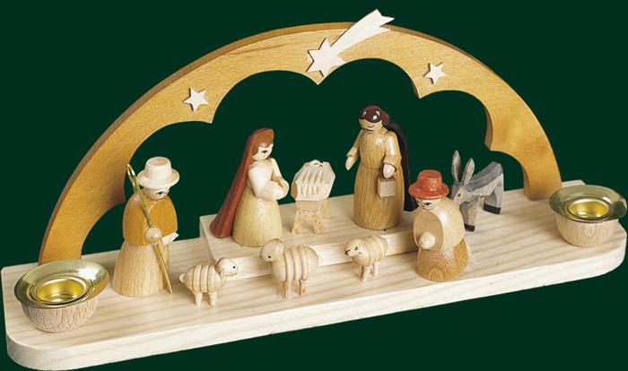 Kerzenhalter – detailreiche Krippenszene mit filigranen Figuren, naturfarben – BxHxT = 15 x 8 x 10