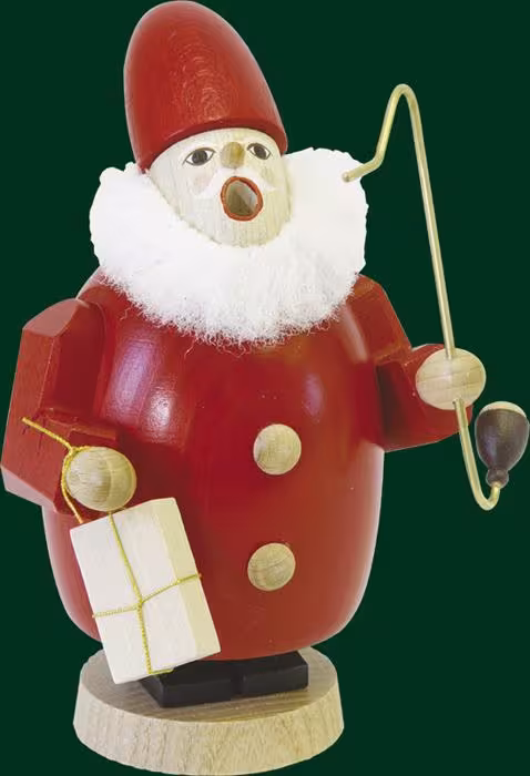 Räuchermann Weihnachtsmann mit Geschenk im roten Mantel aus Holz, Erzgebirge von Richard Glässer, 16