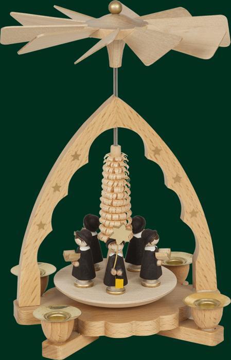 Tischpyramide – drehende Kurrendefiguren mit filigranem Ringelbaum, naturfarben – BxH = 14 x 19 cm