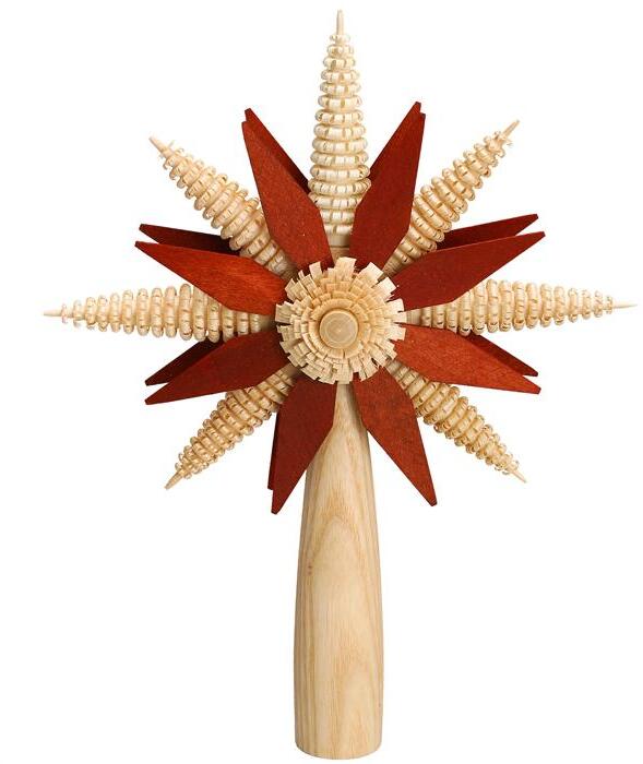 Christbaumspitze – Holzstern Erzgebirge rot/natur mit Ringelbäumchen & Ringelblume – ø ca. 21 x H