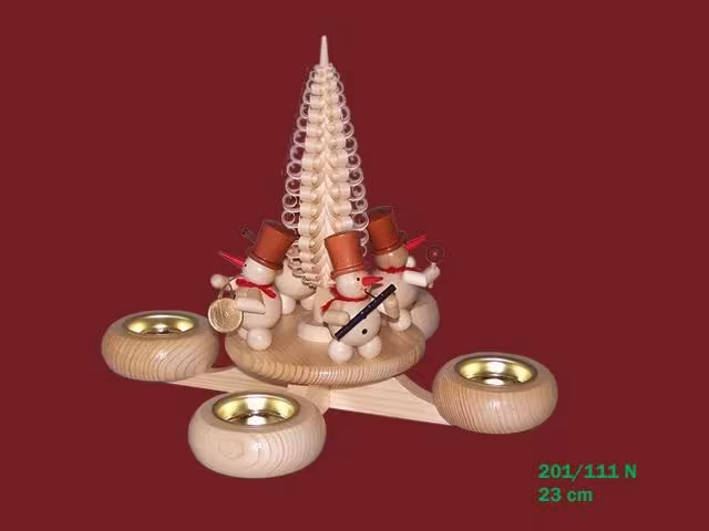 Adventsleuchter mit Schneemännern und filigranem Spanbaum aus naturfarbenem Holz von Fa. Volker