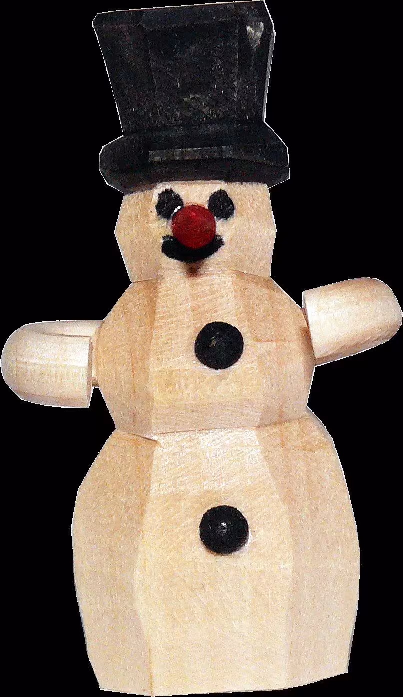 Schneemann liebevoll geschnitzt aus Holz mit schwarzem Zylinder und roten Knopfdetails von