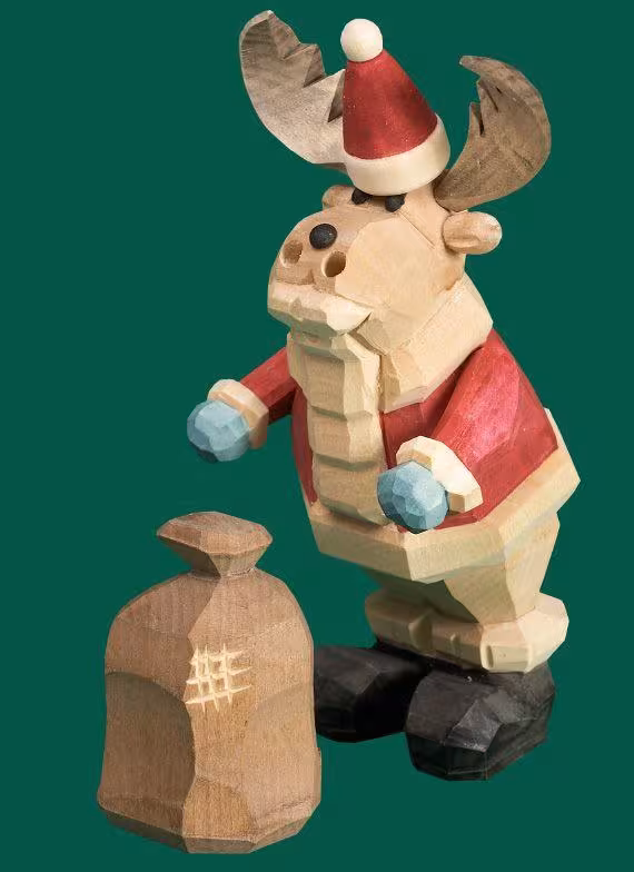 Räuchermann Weihnachtselch mit rotem Mantel und Sack, detailreich aus Holz handbemalt von