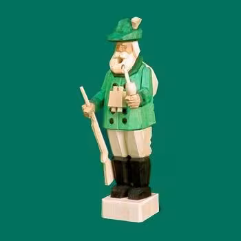 Räuchermann Förster mit Gewehr im grünen Mantel, detailreich handbemalte Holzfigur von Schnitzstübl