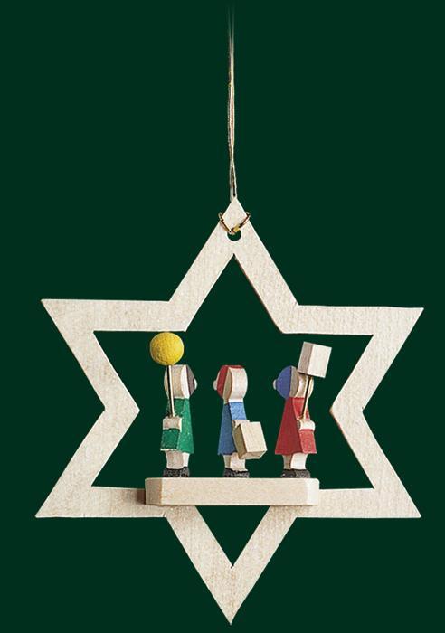 Christbaumschmuck – farbenfroher Stern mit fröhlichen Laternenkindern, rot bemalt – HxB = 8 x 8 cm