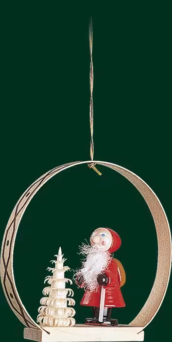 Christbaumschmuck Nikolaus mit Baum aus Holz, liebevoll bemalt im Bogen von Erzgebirgische
