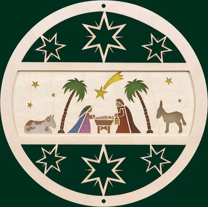 Fensterbild detailreiche Szene Christi Geburt mit Maria, Josef und Sternen aus Holz, Erzgebirgische