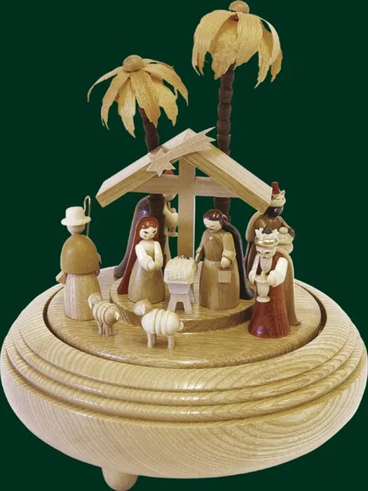 Spieluhr Krippenszene mit Heiligen Drei Königen und Palmen aus Holz, Erzgebirge von Richard Glässer,