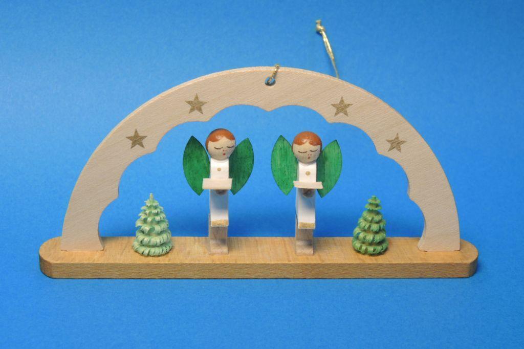 Christbaumschmuck &ndash; farbenfroher Schwibbogen mit singenden Engeln, detailreich bemalt &ndash; BxHxT = 5 x 4,5 x 1 cm