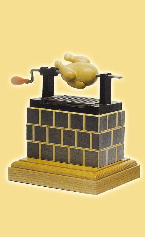 R&auml;ucherofen &ndash; farbenfroher Holzofen mit drehendem Grillh&auml;hnchen, detailverliebt &ndash; BxHxT = 8 x 10 x 8 cm