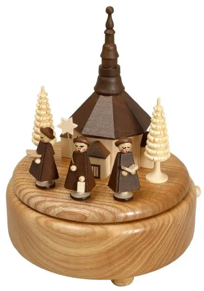 Spieluhr Kirche mit Kurrende, naturfarbenes Holz aus dem Erzgebirge von Schalling, detailreich mit