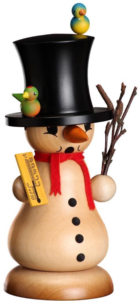 R&auml;ucherfigur &ndash; detailreicher Schneemann mit Zylinder, Pfeife und V&ouml;geln, naturfarben &ndash; BxHxT = 7,5 x 18 x 8,5 cm