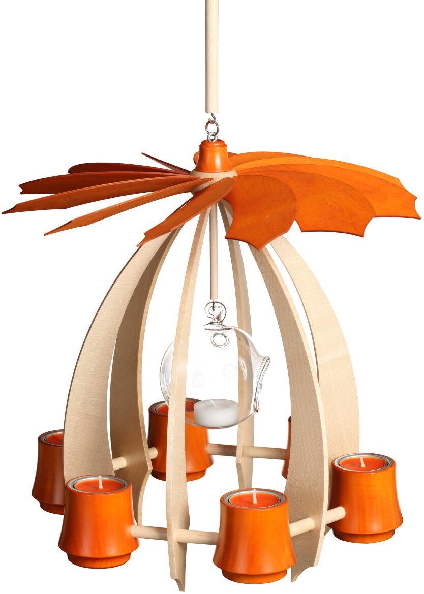 H&auml;ngepyramide &ndash; filigran schwebend aus Ahorn mit orangenen Akzenten, f&uuml;r 6 Teelichter und Glaskugel &ndash; BxHxT = 33 x 36 x 33 cm