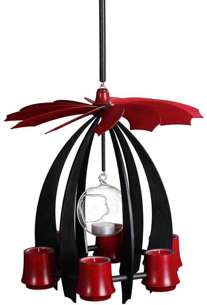 H&auml;ngepyramide &ndash; elegante Farbkombination aus Anthrazit und Rubinrot, mit filigranen Fl&uuml;geln und Glaskugel &ndash; BxHxT = 33 x 36 x 33 cm