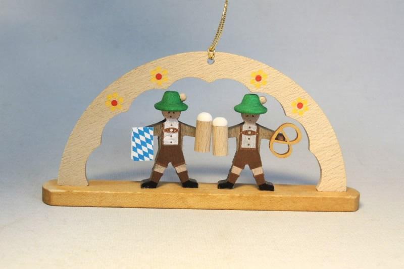 Christbaumschmuck &ndash; farbenfroher Schwibbogen mit zwei festlichen Bayern, handgefertigt aus Hartholz, bunt &ndash; HxB = 4,5 x 4 cm