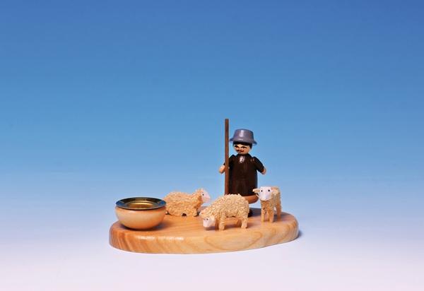 Tischdekoration – detailreicher Kerzensockel Schäfer mit Schafen, bunt bemalt – HxB = 7 x 5 cm