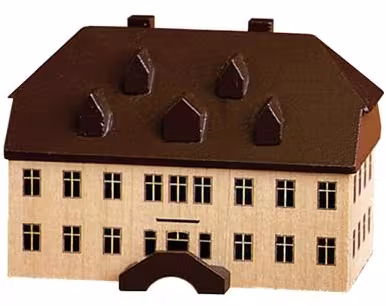 Miniaturhaus Alte Schule Seiffen aus naturfarbenem Holz mit braunem Dach und vielen Fenstern von
