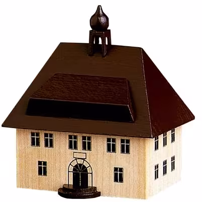 Miniaturhaus Seiffener Rathaus aus Holz, naturfarbenes detailreiches Modell von Spielwarenmacher