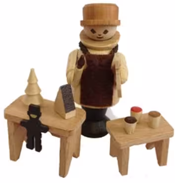 Miniaturfigur detailreicher Spielwarenmacher mit Arbeitstischen und Zubehör in naturfarbenem Holz
