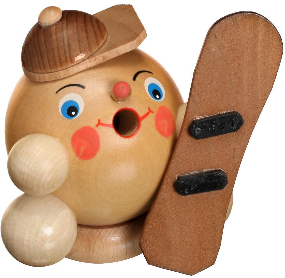 Räucherfigur Mini Räucherschneeball mit Snowboard aus naturbelassenem Holz von ERZIH Ingo