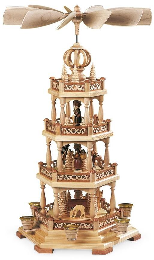 Tischpyramide &ndash; 3-st&ouml;ckige Waldszene mit Rehen und Pilzsammlerin naturbelassen &ndash; BxHxT 34 x 55 x 32 cm