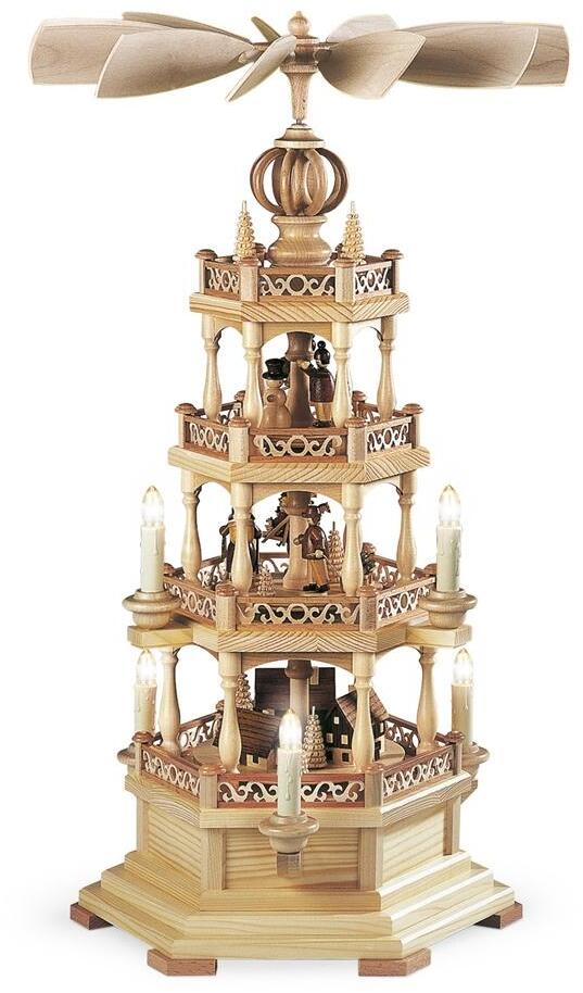 Tischpyramide &ndash; dreist&ouml;ckig mit liebevollen Erzgebirgsmotiven naturbelassen und elektrisch beleuchtet &ndash; BxHxT 30 x 62 x 28 cm